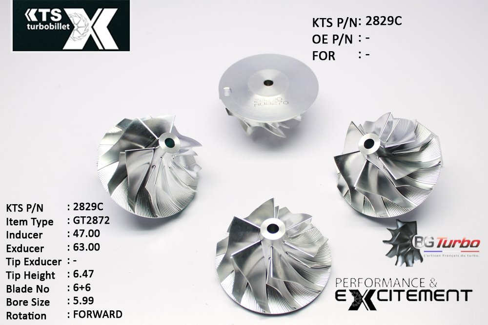 Turbo ROUE FORGÉE MFS PERFORMANCE - 6+6 PALES - INDUCER : 47 - EXDUCER : 63 - TYPE : GT2872ANGLE : 45° - ROTATION : Forward - SUPER BACK : 2,32 - BORE SIZE : 5,99
